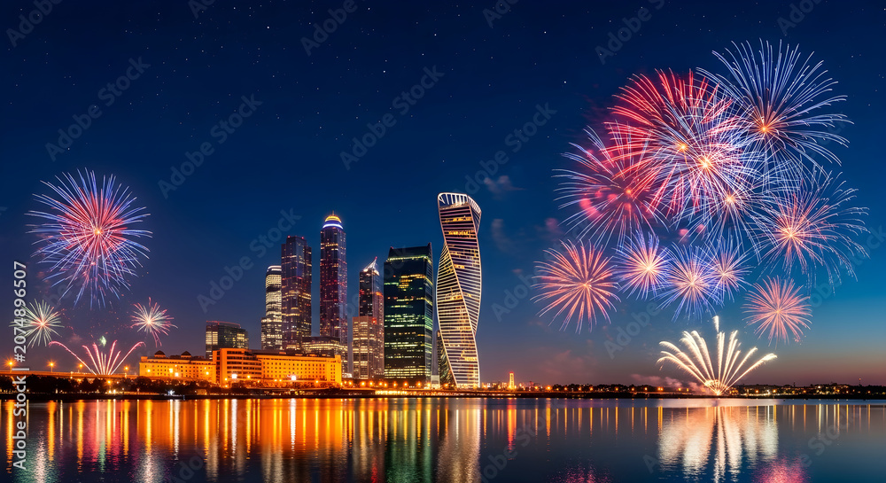 Obraz premium Fireworks display over a modern city skyline at night