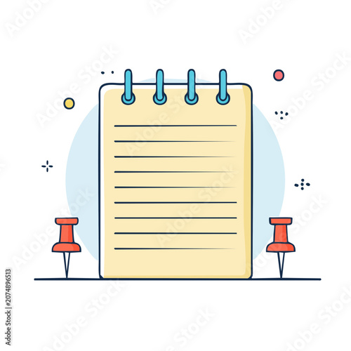 Flat vector illustration of a notepad with push pins
