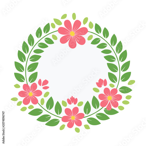 Pink floral wreath with green leaves vector illustration