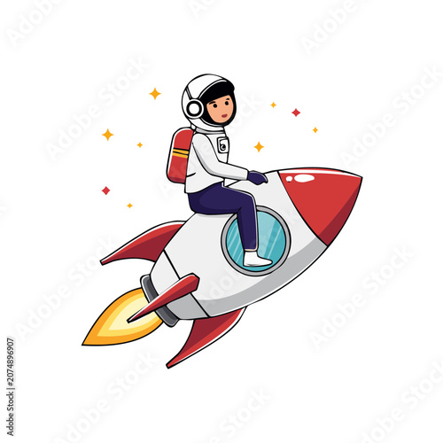 Cartoon astronaut riding a rocket in space