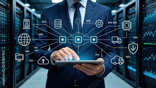 Businessman in server room managing data center network with tablet, cloud computing and cybersecurity technology concept