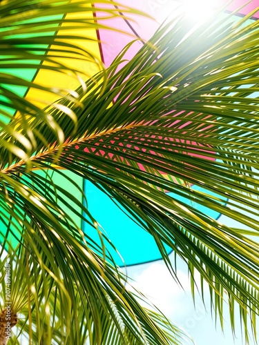 Tropical Palm Leaves with Colorful Glass Background