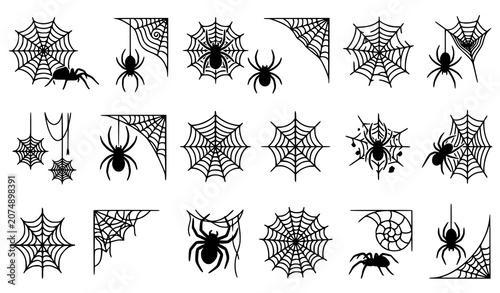 Foto Spider and cobweb silhouette vector collection with black arachnid icons and dec