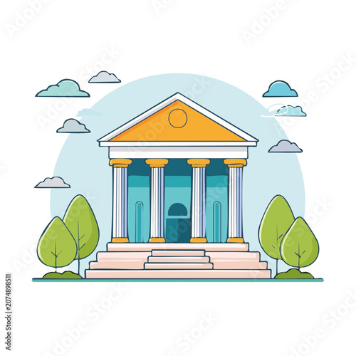 Flat illustration of a blue house with orange roof and trees