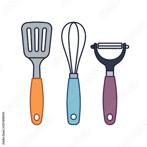 Flat illustration of kitchen utensils: spatula, whisk, peeler