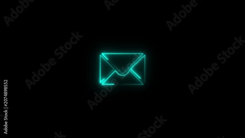 Glowing Blue neon mail-send icon animation black background. 4K Video motion graphic animation