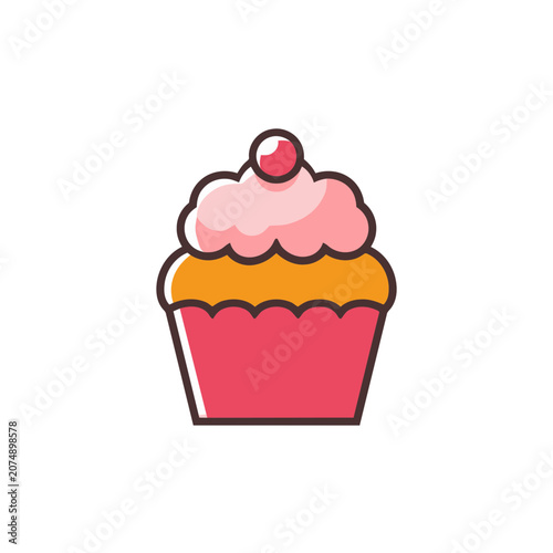 Flat vector illustration of a cupcake with pink frosting and cherry