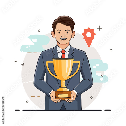 Man in suit holding golden trophy, flat vector illustration