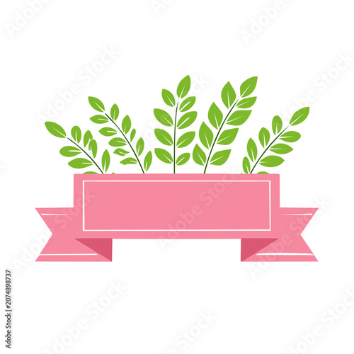 Pink Banner with Green Leaves Vector Illustration