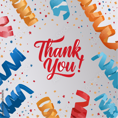 Thank You Text with Confetti and Streamers Vector Illustration