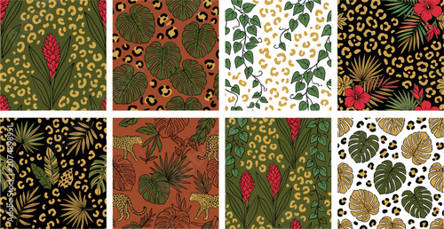 Bild auf Leinwand Tropical Jungle Seamless Pattern Collection Featuring Leopard Skin Animal Print