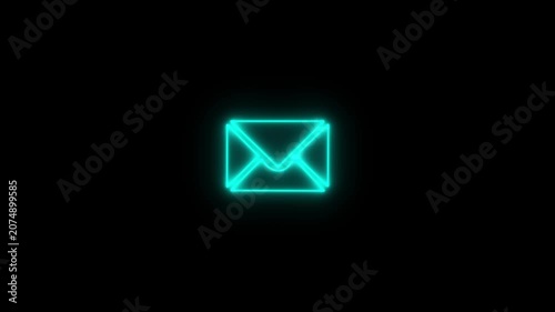 Glowing Blue  neon mail-send icon animation black background. 4K Video motion graphic animation