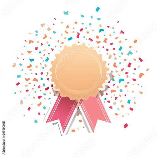 Flat illustration of award badge with ribbon and confetti
