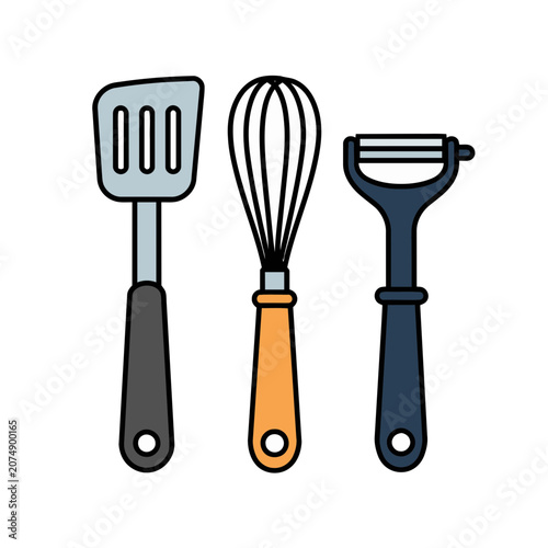 Flat illustration of kitchen utensils: spatula, whisk, peeler