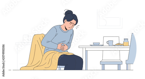 Woman Experiencing Abdominal Discomfort After Breakfast, Feeling Unwell with Stomach Pain
