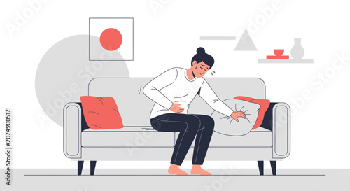 Woman Experiencing Abdominal Discomfort and Aching, Illustration of Stomach Pain on Couch