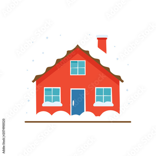 Red house with snow and chimney flat vector illustration
