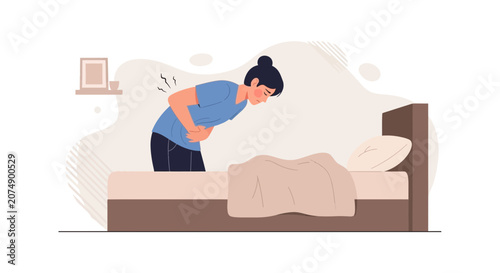 Woman Experiencing Abdominal Discomfort After Waking Up Next To A Bed in Distress