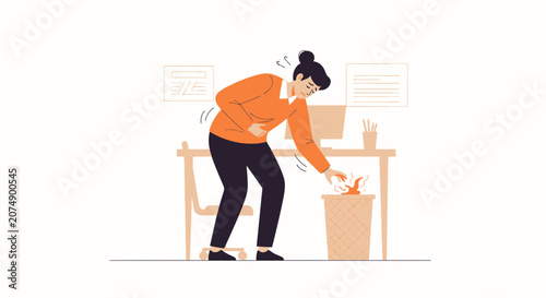 Woman Experiencing Abdominal Discomfort and Disposing Of Documents At The Office