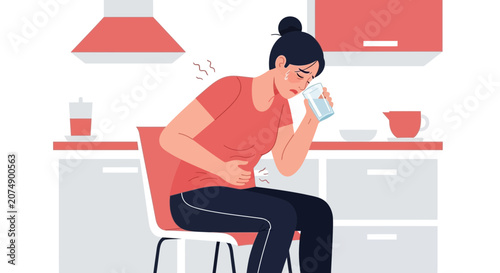Woman Experiencing Abdominal Discomfort and Distress in Kitchen Setting With Water Glass
