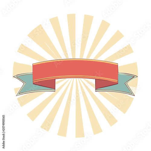 Red ribbon banner with sunburst rays vector illustration