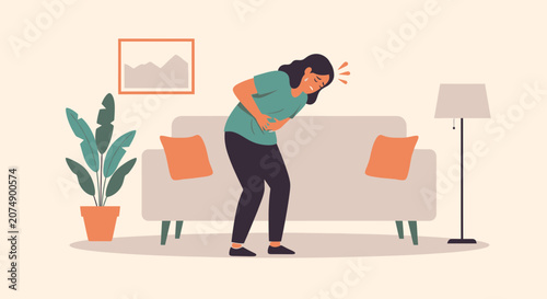 Woman Experiencing Abdominal Discomfort and Headache in a Well Decorated Room Scene