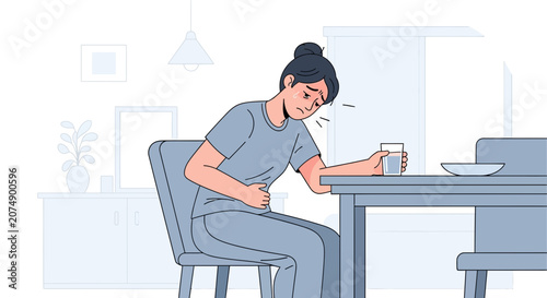 Woman Experiencing Abdominal Discomfort and Headache While Sitting at a Table