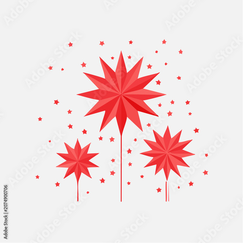Three red starbursts with small stars on white background