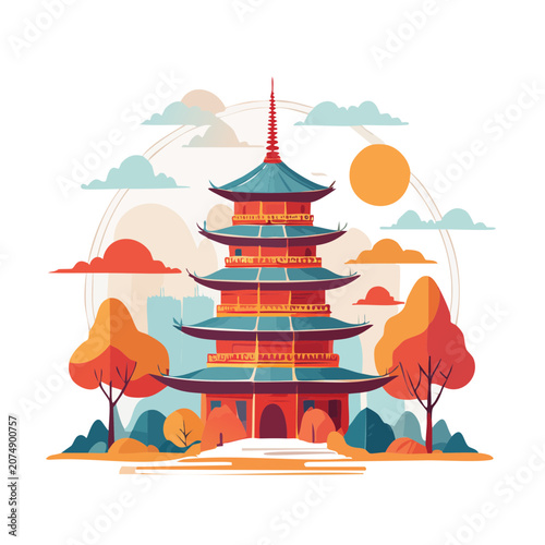 Traditional East Asian Pagoda with Autumn Landscape