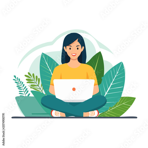 Woman sitting cross legged with laptop in nature illustration
