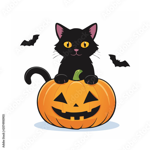 Black Cat Sitting on Jack O Lantern with Bats