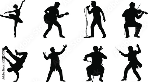 Obraz na plátně Performing arts silhouettes vector icon set featuring ballet dancer guitarist si