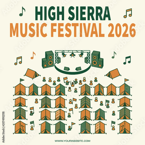 High Sierra music festival 2026 social media post, camping grounds marketing banner, summer event promotional post, large concert editable template, modern flat design layout, festival village adverti