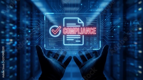 Hands Holding Glowing Red Compliance Document Hologram UI