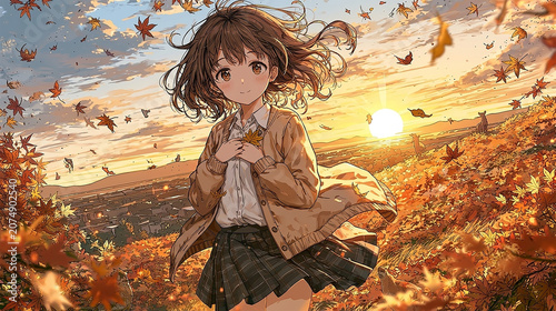 Anime Schoolgirl Holding a Maple Leaf in a Swirling Autumn Wind at Golden Sunset, Falling Leaves and Warm Orange Sky,舞い散る紅葉と夕焼けの中でカエデの葉を持つアニメ風女子高生、秋風に揺れる髪と温かいオレンジの空