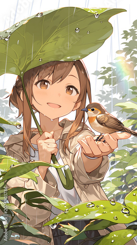 Anime Fantasy Girl Reaching Out to a Tiny Glowing Fairy Offering a Golden Leaf in an Enchanted Forest with Magic Light Rays and Floating Leaves,魔法の光と舞う葉が溢れる魔法の森で金色の葉を差し出す小さな妖精に手を伸ばすアニメ風ファンタジー少女