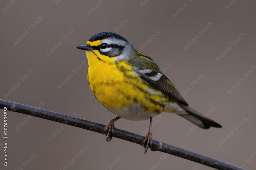 Fototapeta premium Male yellow-rumped warbler perches on thin branch. Tiny songbird displays bright yellow breast, grey black cap, white eye ring. Small wild avian species.