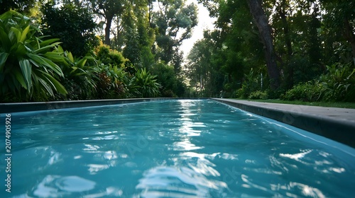 An invigorating swimming pool lane surrounded by lush greenery creates a serene and tranquil outdoor landscape with soft ambient light