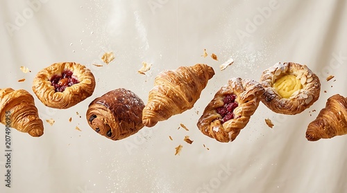Baked goods floating in mid-air with crumbs scattered around them on a smooth surface