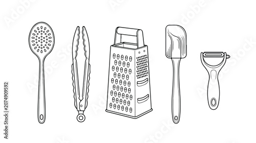 Tableau sur toile Essential kitchen utensils vector set, cooking tools collection, kitchenware equ