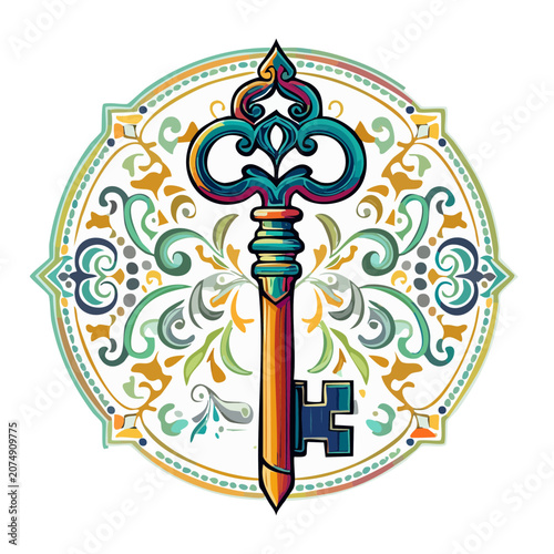 Ornate vintage key with decorative floral frame vector