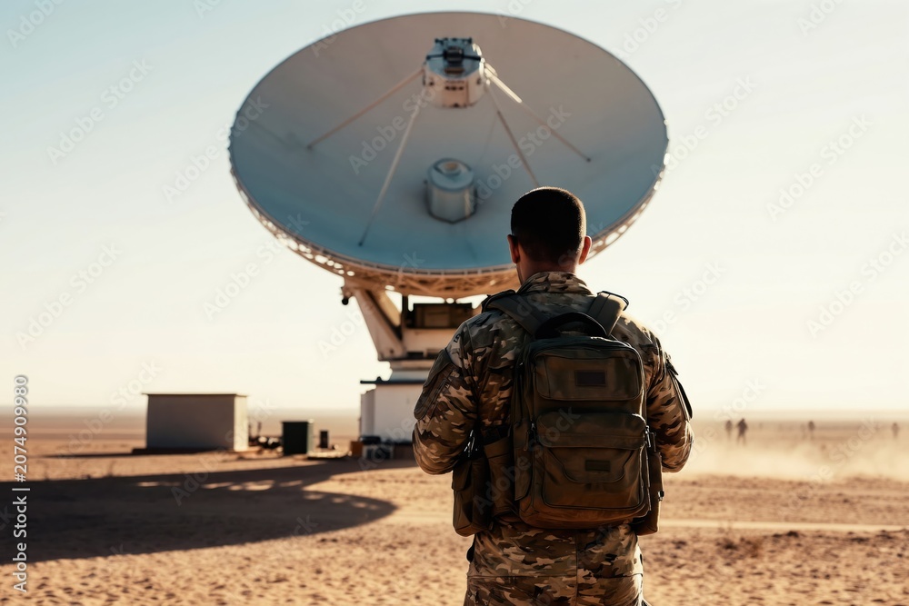 Fototapeta premium Soldier in camouflage uniform with backpack stands near large satellite dish array. Desert landscape with clear sky. Military communication equipment setup.