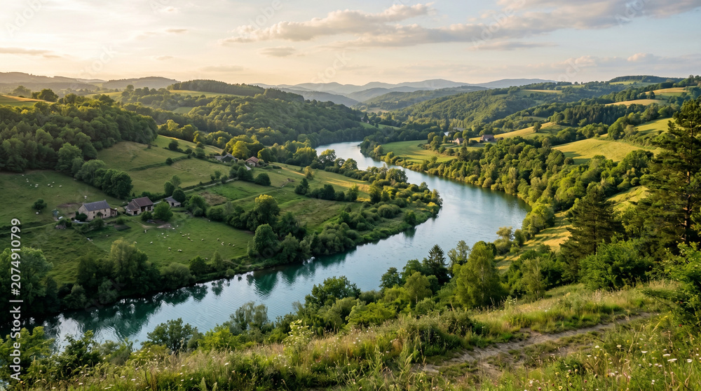 Fototapeta premium Winding River Through Green Countryside Valley