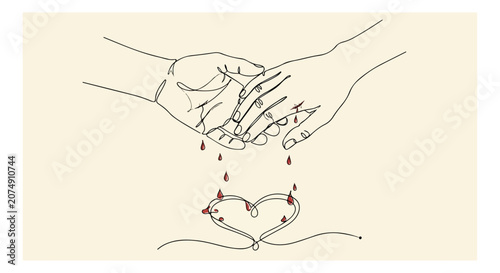 Fotografía Continuous line art illustration of two hands gently holding, with red blood drops falling into a heart shape