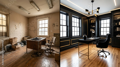 Transformation of an abandoned office space into a modern and stylish work environment with sleek black decor and contemporary
