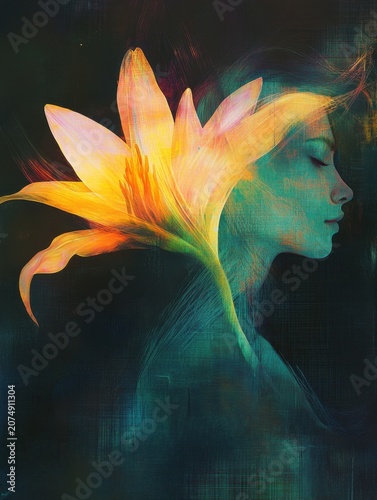 An abstract lily blending with a womanâ€™s silhouette, glowing softly with intuitive energy
