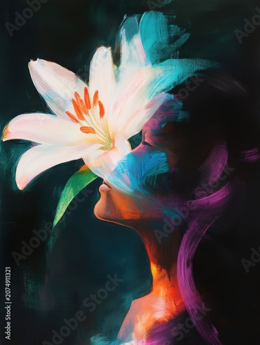 An abstract lily blending with a womanâ€™s silhouette, glowing softly with intuitive energy