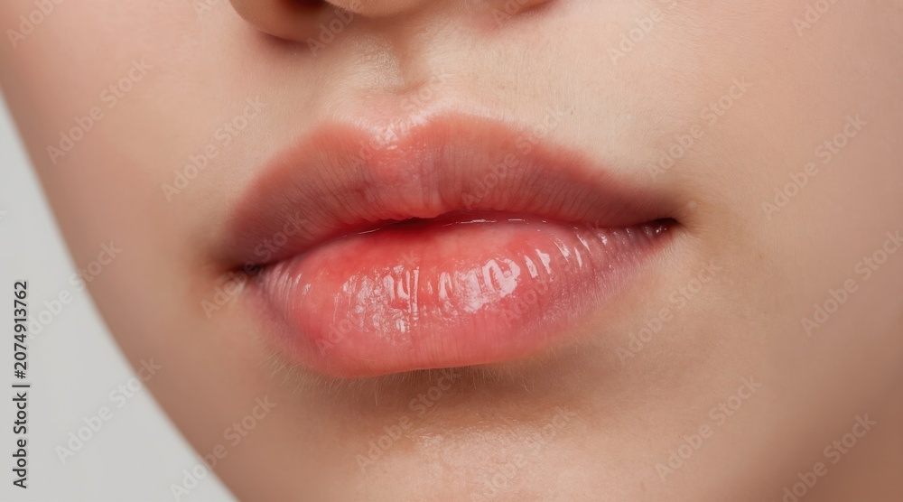 Obraz premium Close-up of a woman slightly swollen lips, showing redness and a small white spot indicating a potential cold sore or irritation. The detail captures facial skin texture and lip gloss.