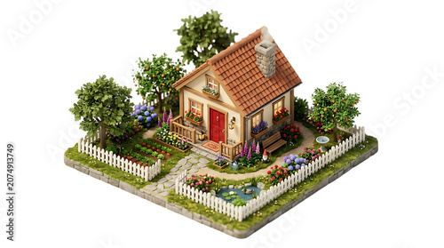 A charming miniature house with a garden and white picket fence isolated on transparent background