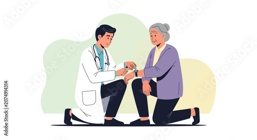 Medical Professional Checking the Smartwatch of an Elderly Woman in an Illustration